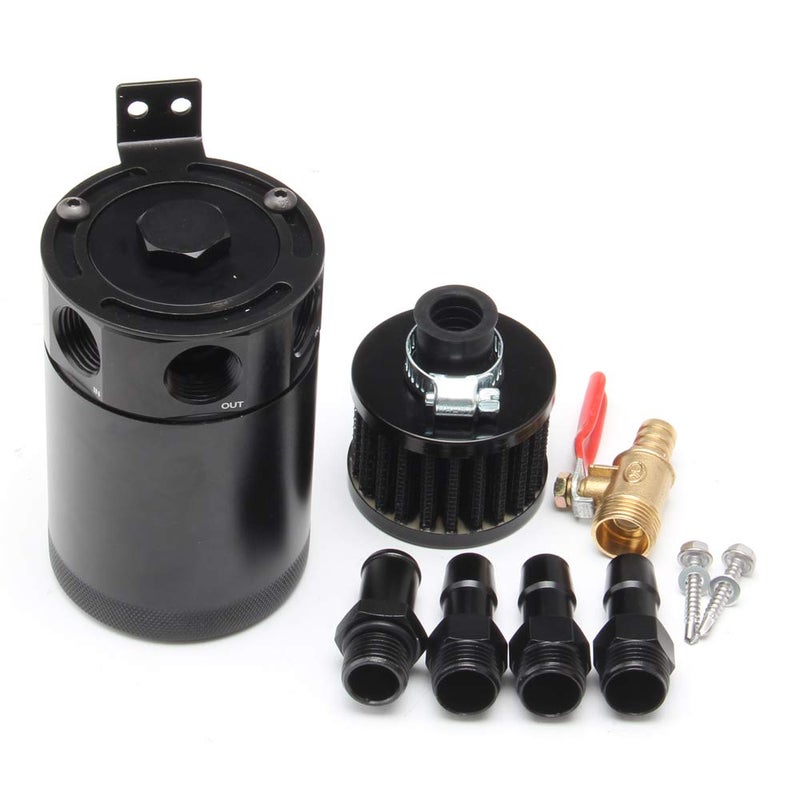 WENJTP Universal 150ml Car Oil Catch Can Kit Reservoir Tank  Compact Baffled 3-Port Oil Separator 2 Inlets 1 Outlet Black with Breather Filter + Drain Valve - Image 1